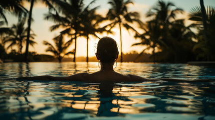 In the fading light of the evening, a person enjoys a serene moment of relaxation in a swimming pool, with palm trees swaying gently in the background.