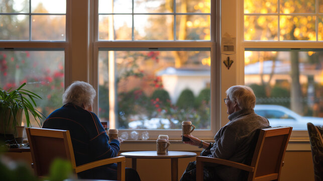 
In the serene setting of a nursing home, a senior caregiver, and an elderly woman sit together in a cozy corner.