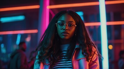 Portrait of a stylish young black girl in close-up, a girl with straight hair wearing glasses, fashionable clothes