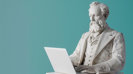 Middle-Aged Man Statue Using Laptop