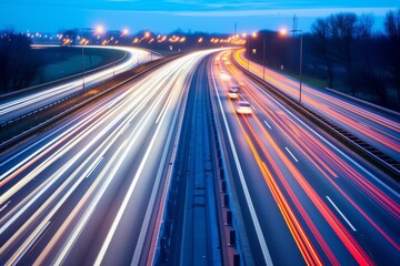 Moving car lights on highway at night long