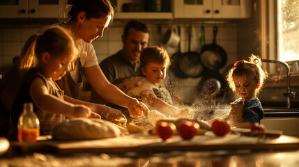 Within the heart of a bustling kitchen, parents and children assemble around the counter, their hands working in harmony as they prepare a homemade feast. - obrazy, fototapety, plakaty