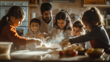 Gathered in a bustling kitchen, parents and children come together around the counter, the sounds of chopping and sizzling filling. - obrazy, fototapety, plakaty