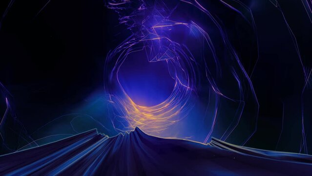 Mysterious blue vortex wormhole tunnel blue neon futuristic fantasy landscape 