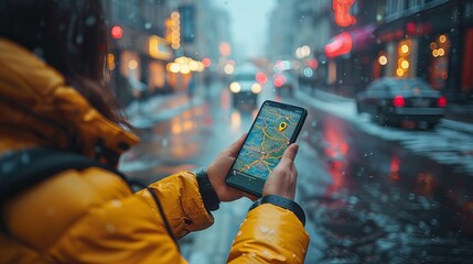 Woman's hand using a smartphone with a GPS navigator map icon against a blurred street background, illustrating technology lifestyle and business travel concept with vintage filter effect.