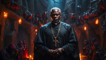 A black priest surrounded by demons - obrazy, fototapety, plakaty
