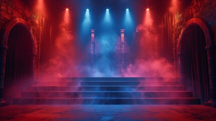 Vibrant Stage With Red and Blue Smoke