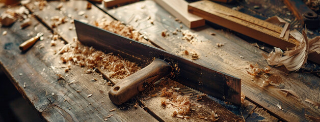 An artisan's carpentry workshop filled with an array of woodworking tools and scattered wood shavings.