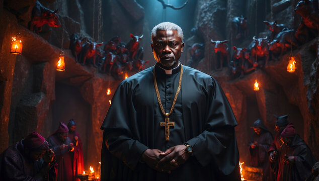 A black priest surrounded by demons