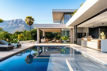 Fototapeta premium Urban Oasis: Contemporary Poolside Living in Cape Town's Beachfront Setting. Urban Paradise. Coastal Living. Cape Town, South Africa