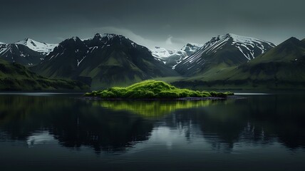 A lake surrounded by green mountains with snow capped peaks in the distance and an island covered in grass. Lake in the mountains. Icelandic scenery tranquillity beautiful mountain lake landscape - obrazy, fototapety, plakaty