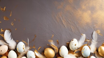 Empty space for text, a banner of happy Easter. Painted golden eggs, white feathers. - obrazy, fototapety, plakaty
