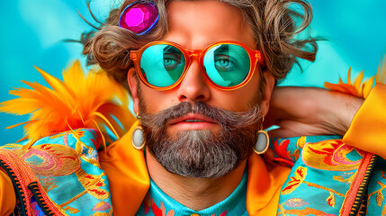 Fashionable Man with Colorful Feather Details. Unique and stylish perspective on modern masculinity and creativity