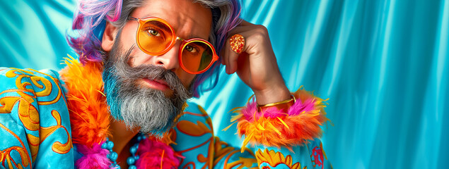 Fashionable Man with Colorful Feather Details. Unique and stylish perspective on modern masculinity and creativity - obrazy, fototapety, plakaty