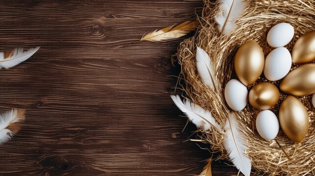 Empty space for text, a banner of happy Easter. Painted golden eggs, white feathers.