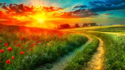 Fensteraufkleber Winding Path Through Colorful Summer Fields at Sunset. A beautiful flowers field with a road running through it. Nature landscape © Svetlana Kolpakova