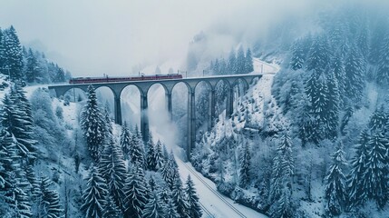 Majestic Journey Through the Swiss Alps  Aerial View of a Train Traversing the Landwasser Viaduct in Winter