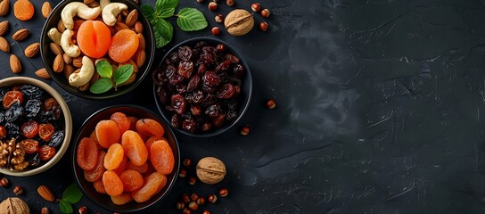 A top view of an fruits assortment of dried fruits including dates, prunes, apricots, raisins, and a variety of nuts, placed in separate bowls, presenting a selection of Ramadan & special event foods