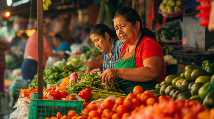 Positioned amidst a vibrant street market, two women diligently attend to their vegetable stand, the rich colors of their produce catching the eye of passersby. - obrazy, fototapety, plakaty