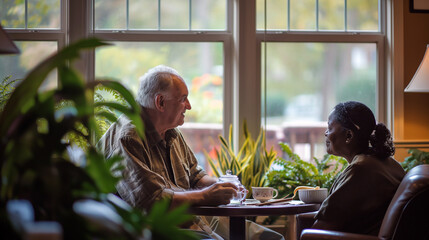 An elderly man receives assistance from a dedicated caregiver, both enjoying a moment of respite as they sip tea together.