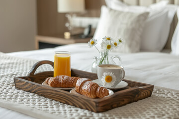 Bandeja de madera  conteniendo desayuno con taza de café, zumo de naranja y cruasanes y flores, sobre una cama 
 con ropa de cama blanca y fondo de habitación desenfocado