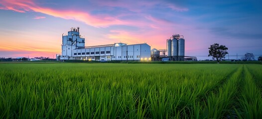 Agricultural Silos - Building Exterior, Storage and drying of grains, wheat, corn, soy, sunflower against the blue sky with rice fields. Beautiful scenic wide capture of an agricultural storage silos