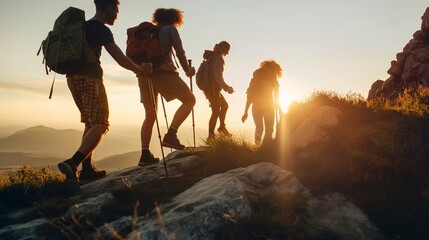 Group of mixed age hikers are standing on mountain slope and looking at sunset