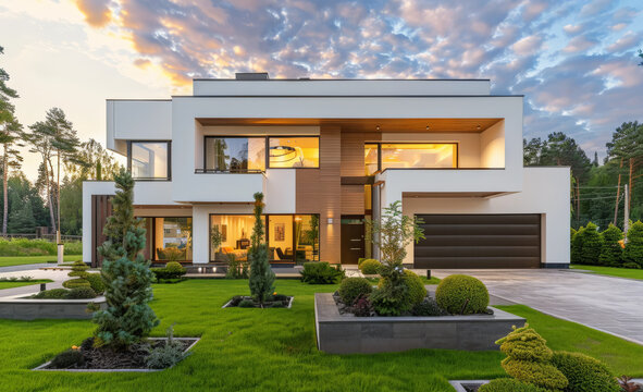 Bello chalet moderno blanco de dos plantas de estilo moderno con grandes ventanales, garaje y bonito jard&iacute;n exterior con &aacute;rboles y cesped cuidado, sobre fondo de cielo nuboso al atardecer 