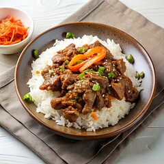 Beef bulgogi with rice and kimchi
