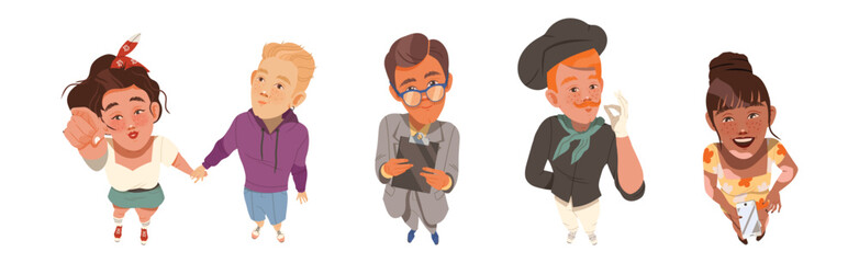 Smiling People Character Looking Up View from Above Vector Set