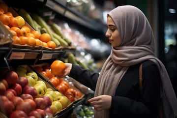  Digital generative ai collage image of islamic woman doing shopping © deagreez