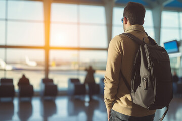 Fototapeta premium AI generated picture of happy young man in airport registration fly abroad