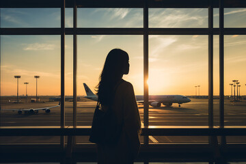 AI generated picture of young tourist in airport waiting for plane registration check in flight abroad - Powered by Adobe