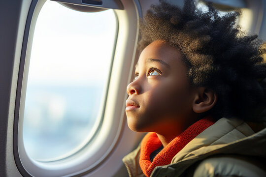 Created with generative Ai photo of adorable happy cute child boy looking airplane window