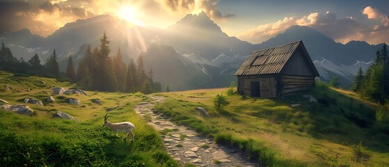 Tatra Mountains, old log cabin in foreground, sun shining through clouds, green grass and pine trees, stone path leading to wooden hut, beautiful landscape. with mountain goats & dramatic sky - obrazy, fototapety, plakaty