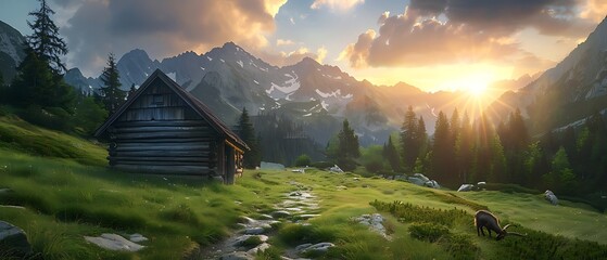 Tatra Mountains, old log cabin in foreground, sun shining through clouds, green grass and pine trees, stone path leading to wooden hut, beautiful landscape. with mountain goats & dramatic sky