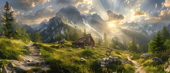 Tatra Mountains, old log cabin in foreground, sun shining through clouds, green grass and pine trees, stone path leading to wooden hut, beautiful landscape. with mountain goats & dramatic sky