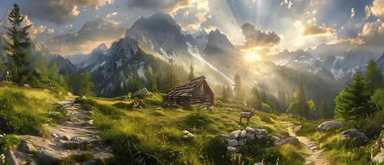 Foto op Canvas Tatra Mountains, old log cabin in foreground, sun shining through clouds, green grass and pine trees, stone path leading to wooden hut, beautiful landscape. with mountain goats & dramatic sky © Copper