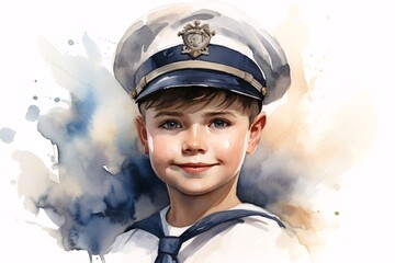 a watercolor of a boy wearing a sailor hat - obrazy, fototapety, plakaty