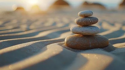 Fotobehang Stenen in het zand Calm Zen garden, smooth stones and raked sand for a peaceful meditation , cinematic