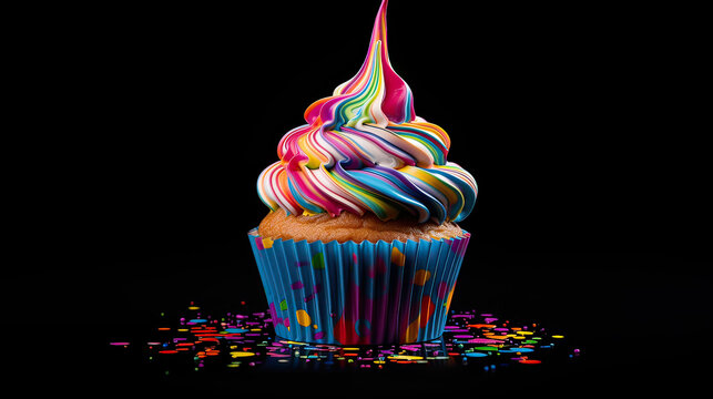 A hyper-realistic cupcake with a creamy frosting, embellished with a vibrant 3D paint splatter effect in a spectrum of colors background Ai Generative