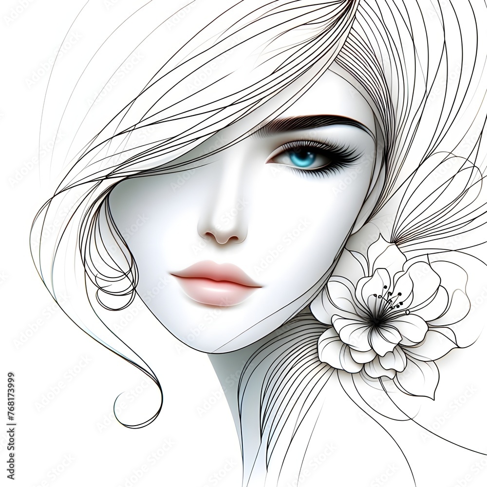 Wall mural Ai generates beautiful woman face line style black and white luxury makeup beauty aesthetics salon spa illustration