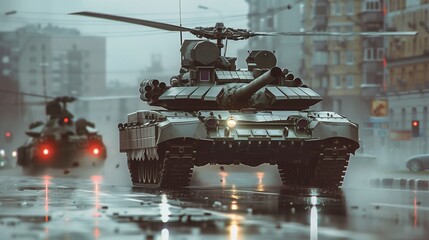 Tanks Driving Rain Soaked Street
