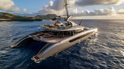 Magnificent grey metallic luxury yacht sailing near an island. Unveiling vastness & distinctive design. Oceanic opulence & leisure unleashed. Exquisite maritime majesty - obrazy, fototapety, plakaty