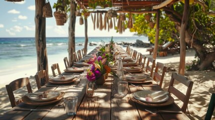 beach resort decorated table reception dinner wedding party honeymoon - obrazy, fototapety, plakaty
