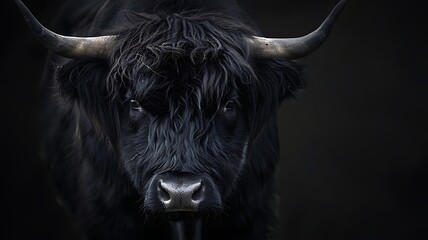 Minimalist Black Scottish Highland Cattle Portrait. Generative AI - obrazy, fototapety, plakaty