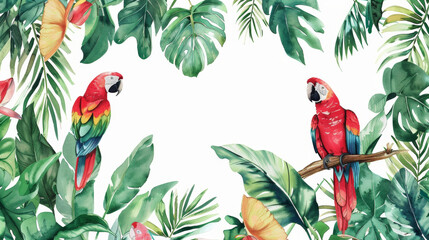 watercolor background with copy space in the center, a blank for ad or text, tropical leaves and parrots