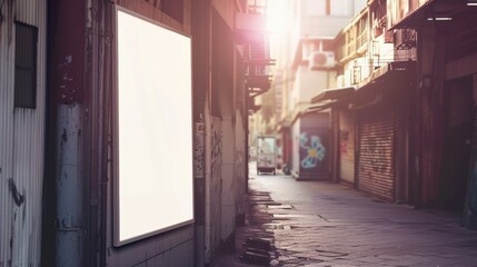 Fototapeta na wymiar Blank white mockup of bus stop vertical billboard in front of empty street background 