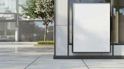 Blank white mockup of bus stop vertical billboard in front of empty street background
