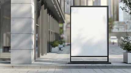 Blank white mockup of bus stop vertical billboard in front of empty street background
